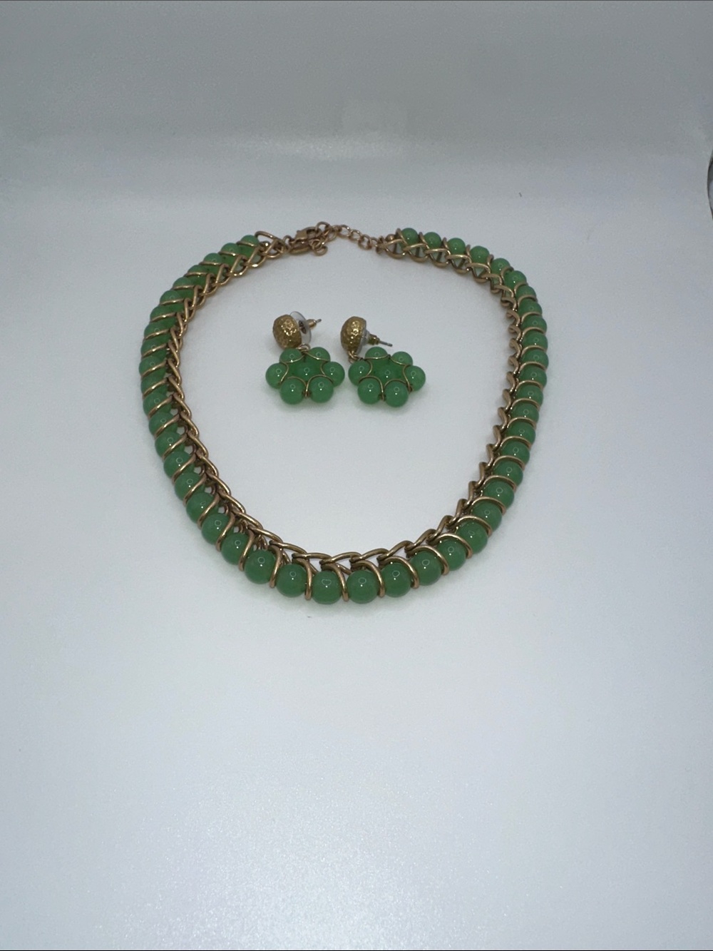 Gold-Tone Green Bead Necklace with Matching Earrings